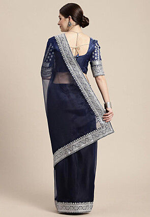 Embroidered Border Organza Saree in Navy Blue