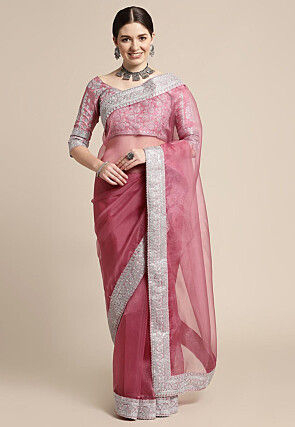 Embroidered Border Organza Saree in Old Rose