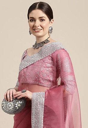 Embroidered Border Organza Saree in Old Rose