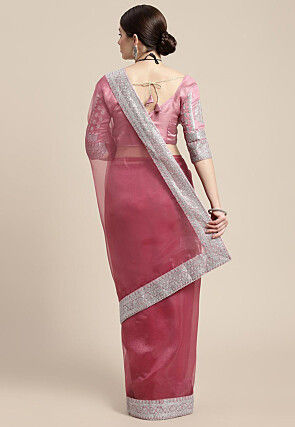 Embroidered Border Organza Saree in Old Rose