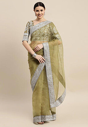 Embroidered Border Organza Saree in Olive Green