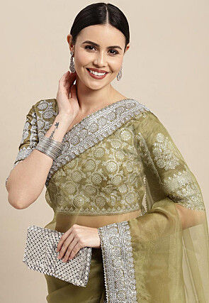 Embroidered Border Organza Saree in Olive Green