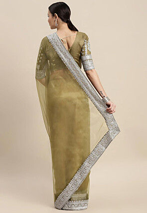 Embroidered Border Organza Saree in Olive Green