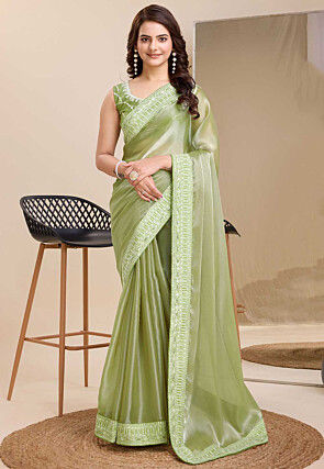 Embroidered Border Organza Saree in Pastel Green