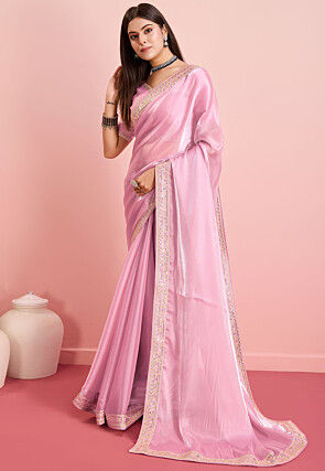 Embroidered Border Organza Saree in Pink