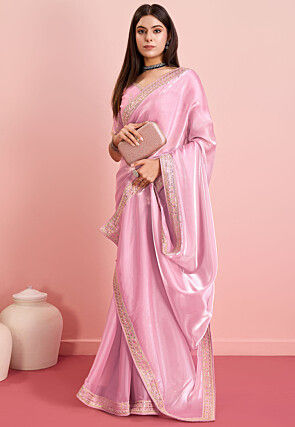 Embroidered Border Organza Saree in Pink