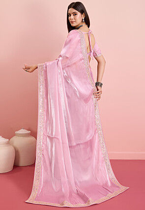 Embroidered Border Organza Saree in Pink