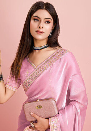 Embroidered Border Organza Saree in Pink