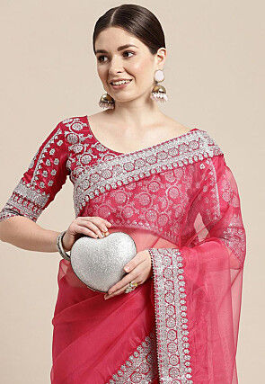 Embroidered Border Organza Saree in Pink