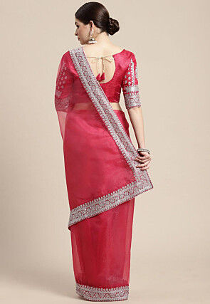 Embroidered Border Organza Saree in Pink