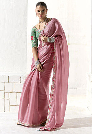 Embroidered Border Organza Saree in Pink