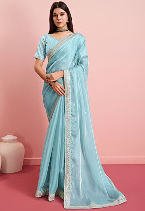 Embroidered Border Organza Saree in Sky Blue
