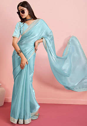 Embroidered Border Organza Saree in Sky Blue