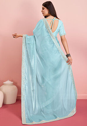 Embroidered Border Organza Saree in Sky Blue