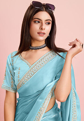 Embroidered Border Organza Saree in Sky Blue
