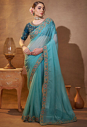 Embroidered Border Organza Saree in Sky Blue