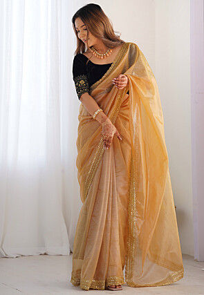 Embroidered Border Organza Scalloped Saree in Beige