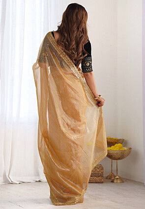 Embroidered Border Organza Scalloped Saree in Beige