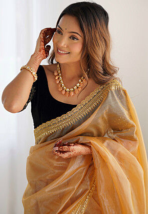 Embroidered Border Organza Scalloped Saree in Beige