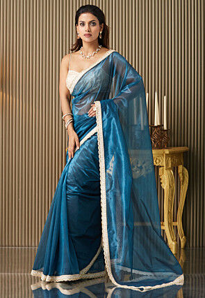 Embroidered Border Organza Scalloped Saree in Blue