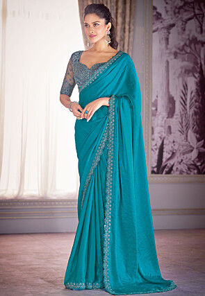 Embroidered Border Organza Scalloped Saree in Blue
