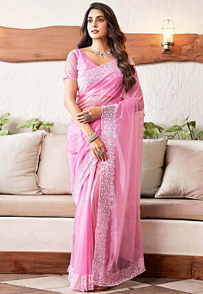 Embroidered Border Organza Scalloped Saree in Pink