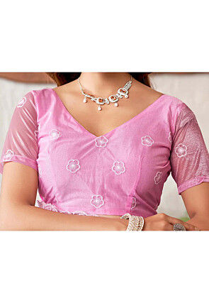 Embroidered Border Organza Scalloped Saree in Pink
