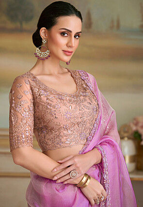 Embroidered Border Organza Scalloped Saree in Purple