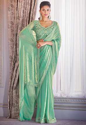Embroidered Border Organza Scalloped Saree in Sea Green