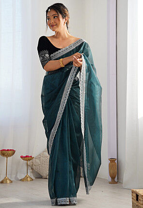 Embroidered Border Organza Scalloped Saree in Teal Green