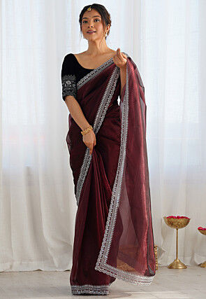 Embroidered Border Organza Scalloped Saree in Wine