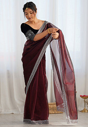 Embroidered Border Organza Scalloped Saree in Wine