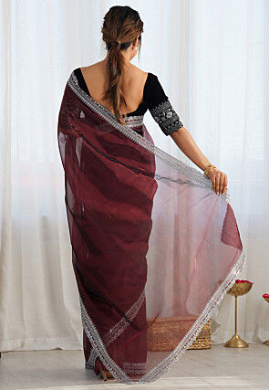 Embroidered Border Organza Scalloped Saree in Wine