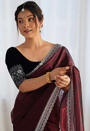Embroidered Border Organza Scalloped Saree in Wine