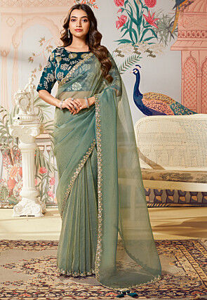 Embroidered Border Organza Shimmer Saree in Dusty Green