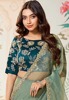 Embroidered Border Organza Shimmer Saree in Dusty Green