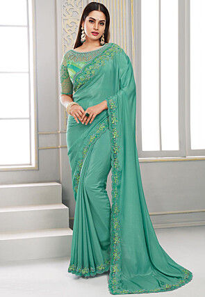 Embroidered Border Polyester Shimmer Saree in Sea Green