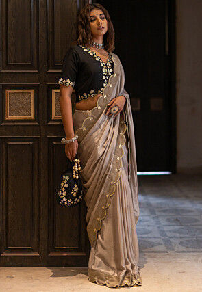 Embroidered Border Pure Chinon Silk Scalloped Saree in Fawn
