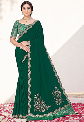 Embroidered Border Pure Crepe Scalloped Saree in Dark Green