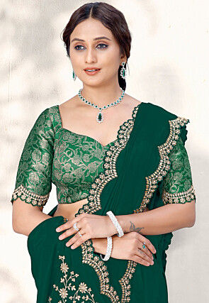 Embroidered Border Pure Crepe Scalloped Saree in Dark Green