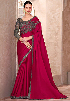 Embroidered Border Satin Chiffon Saree in Fuchsia