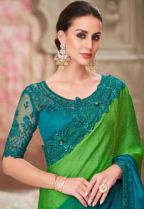 Embroidered Border Satin Chiffon Saree in Green and Blue