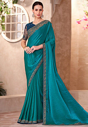 Embroidered Border Satin Chiffon Saree in Teal Blue