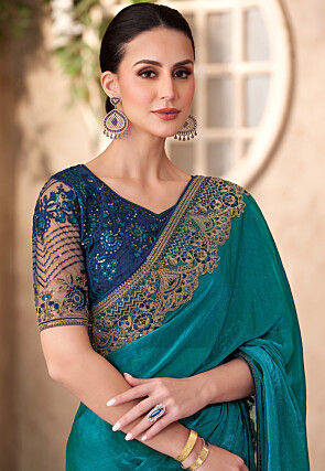 Embroidered Border Satin Chiffon Saree in Teal Blue
