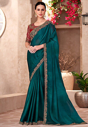 Embroidered Border Satin Chiffon Saree in Teal Blue