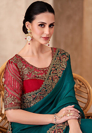 Embroidered Border Satin Chiffon Saree in Teal Blue