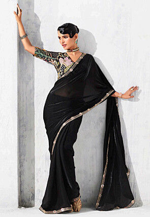 Embroidered Border Satin Georgette Saree in Black