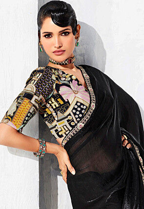 Embroidered Border Satin Georgette Saree in Black