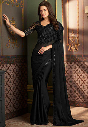 Embroidered Border Satin Georgette Saree in Black