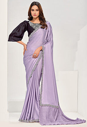 Embroidered Border Satin Georgette Saree in Light Purple
